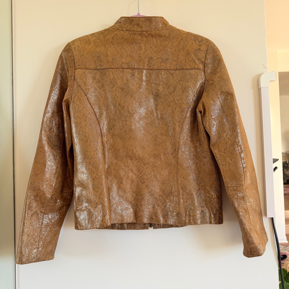 Vakko VS2 Metallic Gold Leather Moto Jacket Brown Printed Size 8 - Picture 8 of 9